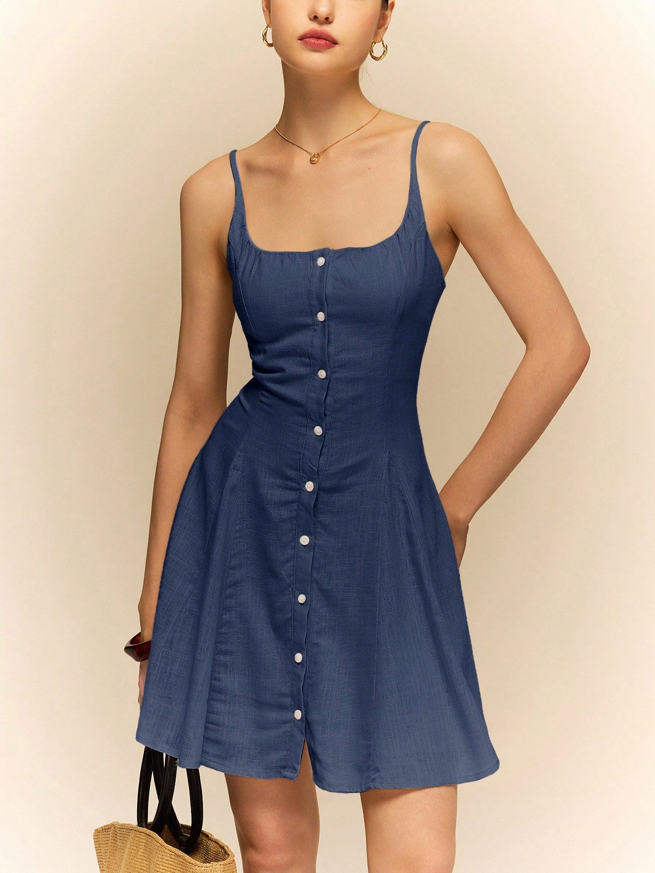 A-Line Dresses - Linen Dress Halter Front Center Button Decoration Comfortable
