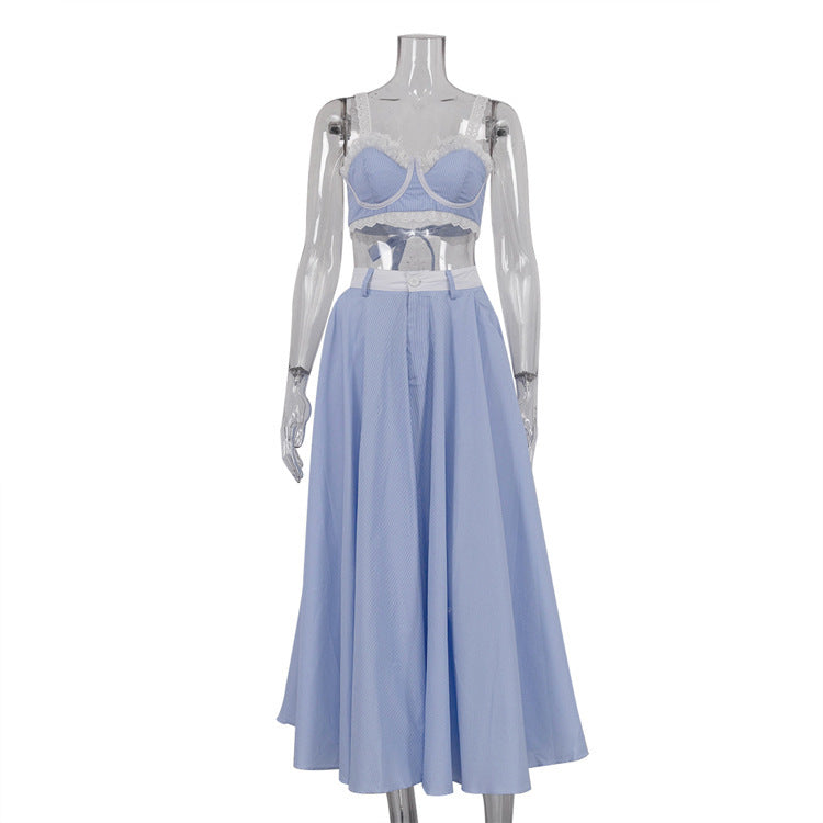Skirt Set - Lace Splicing Sling Vest High Waist Big Swing Skirt Two-piece Set