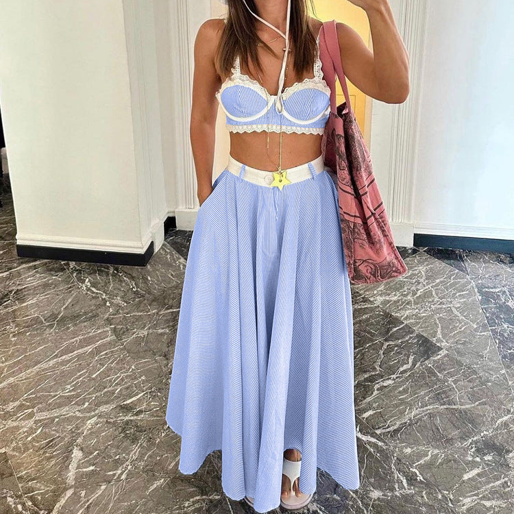 Skirt Set - Lace Splicing Sling Vest High Waist Big Swing Skirt Two-piece Set