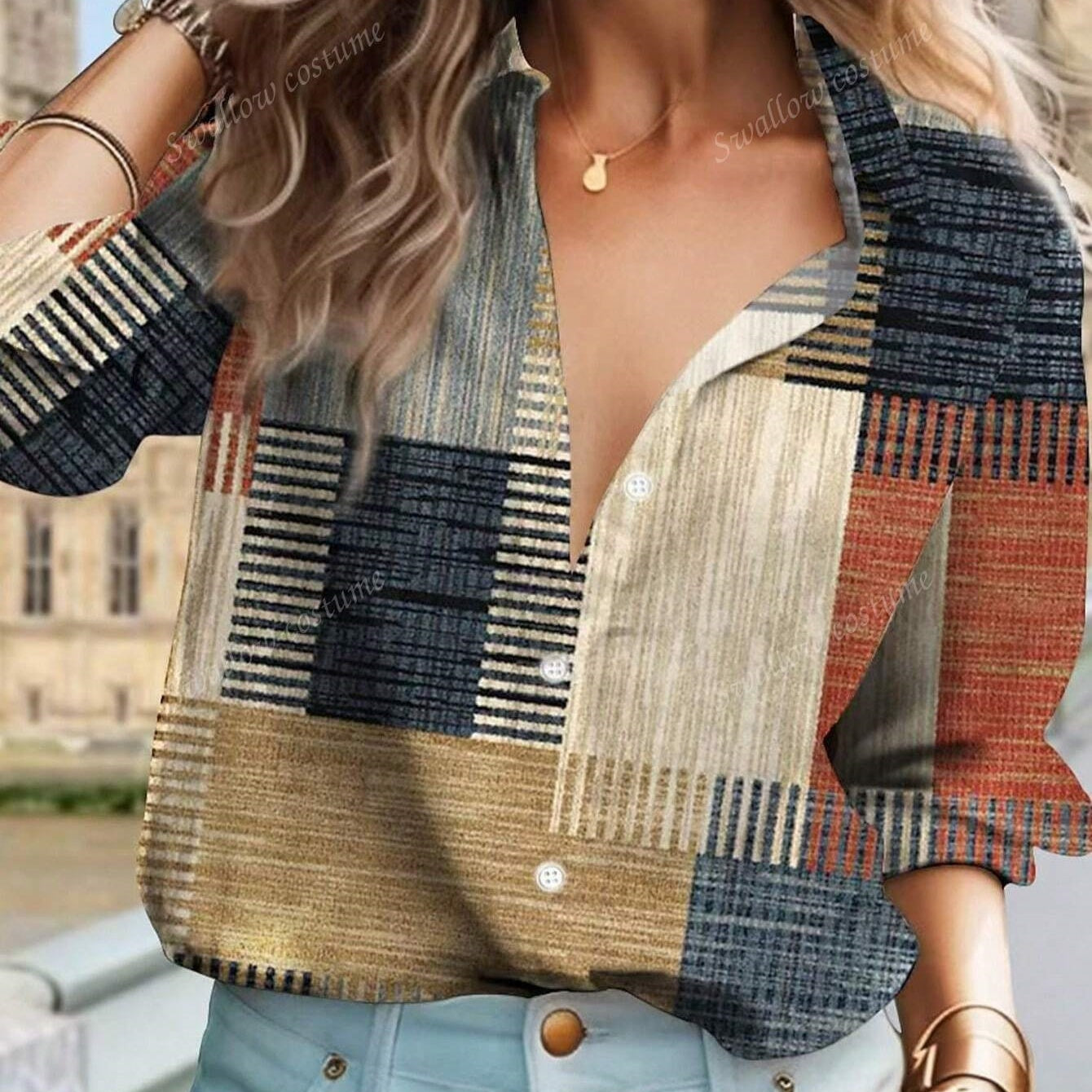 Shirts - Color Block Button Print Long Sleeve Casual Retro Shirt