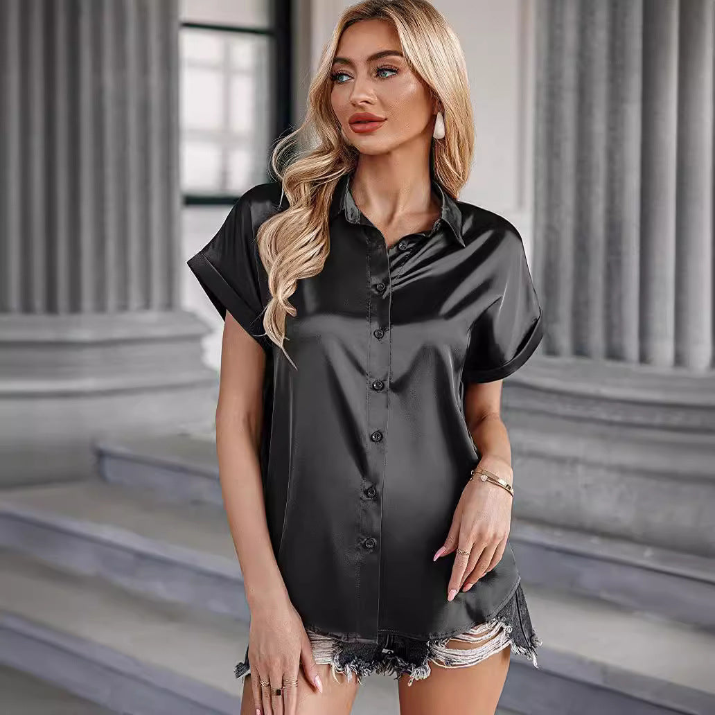 Blouses - Multicolor Silk Short Sleeve Satin Button Shirt Casual Loose Top