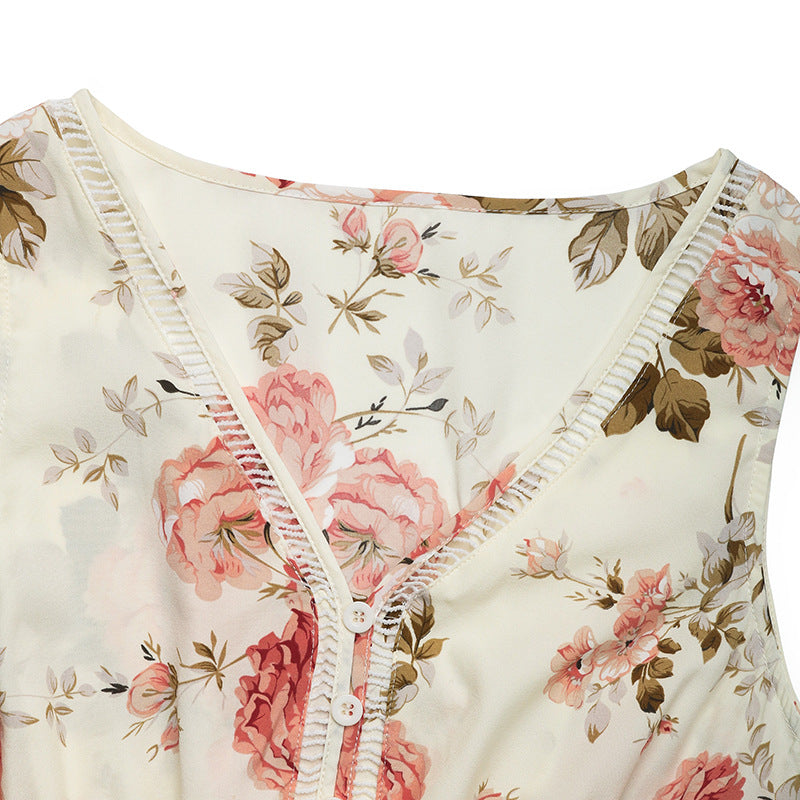 A-Line Dresses - European And American Printed Dress V-neck Lace Stitching Dress