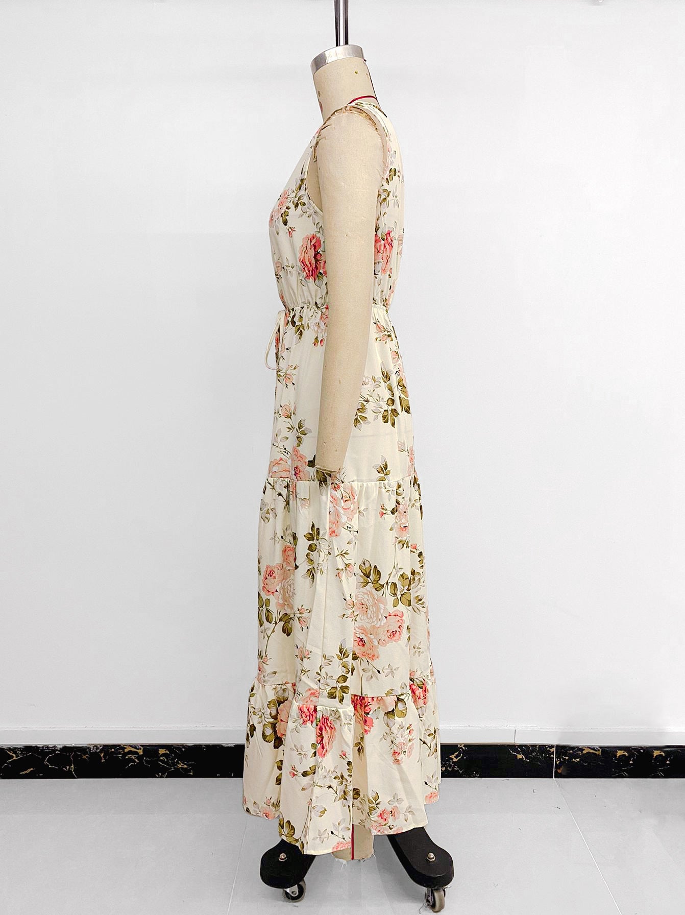 A-Line Dresses - European And American Printed Dress V-neck Lace Stitching Dress