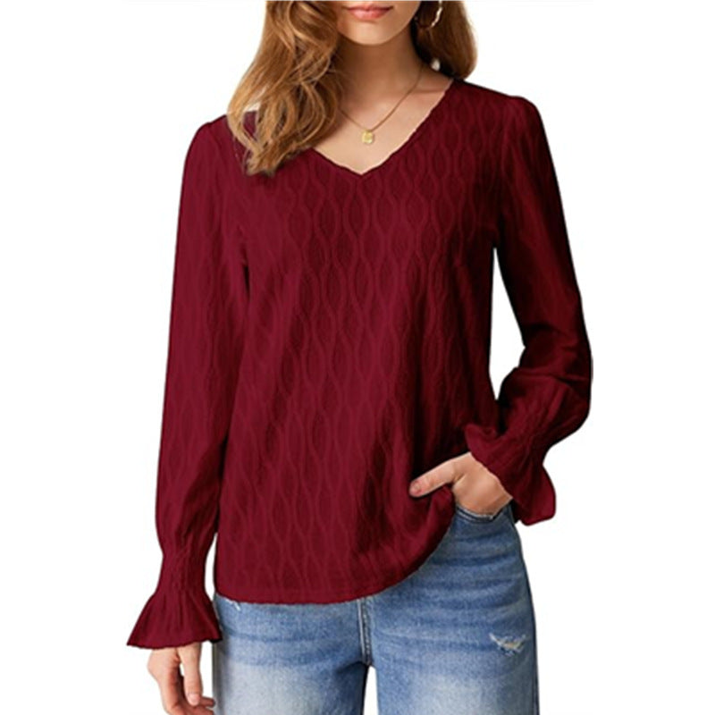 Blouses - Fashion V-neck Long Sleeve Smocking T-shirt Top Women's Clothing