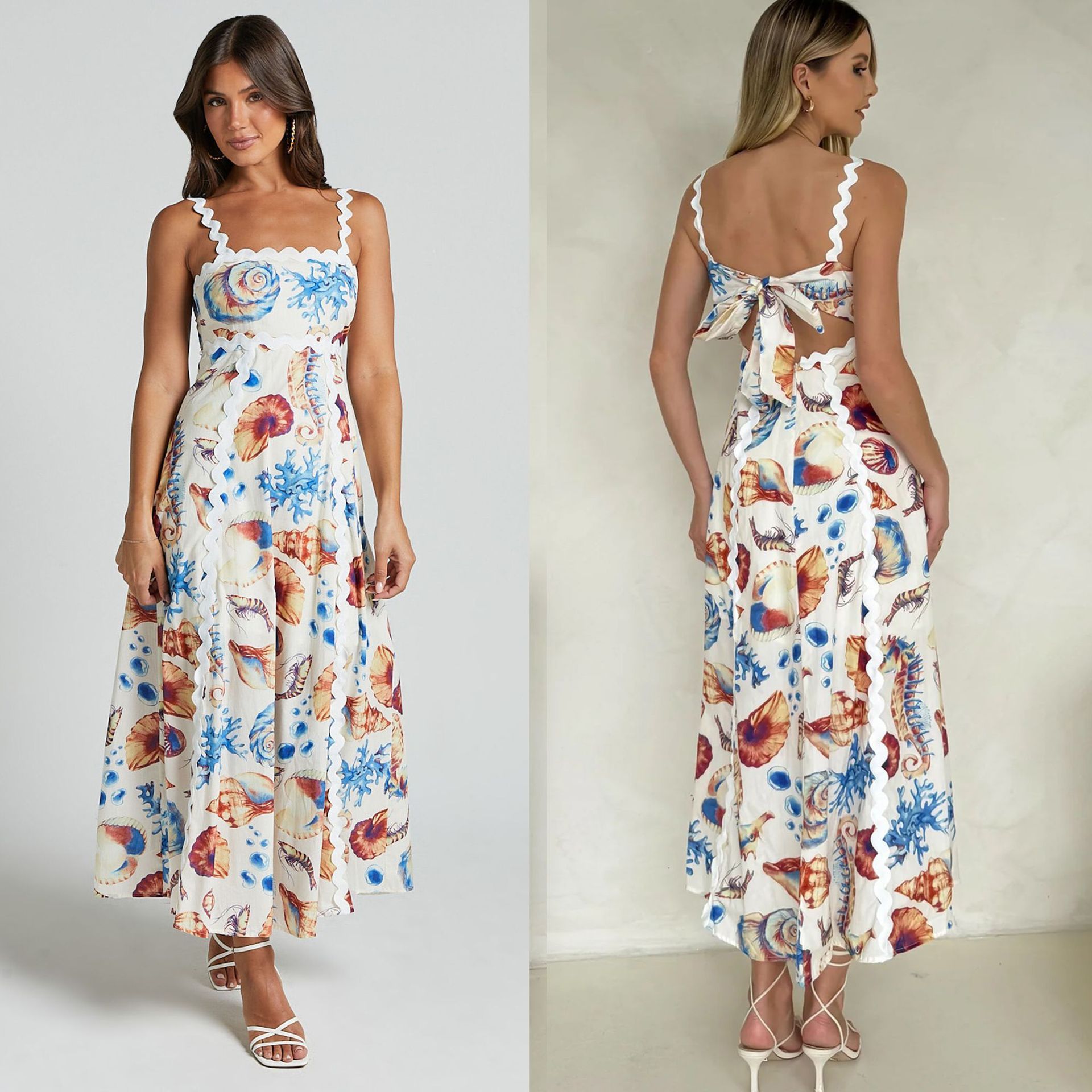 A-Line Dresses - Printed Sling Stitching Dress
