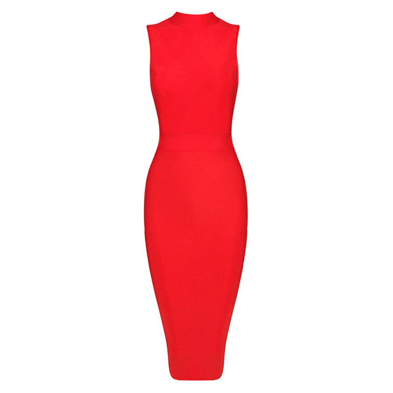 Bodycon Dresses - Women's Turtleneck Sleeveless Slim Stretch Dress