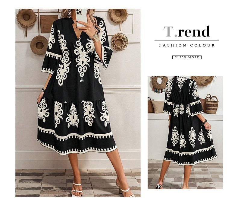 Casual Dresses - Women's Robe Fashion Printed Elegant Lace-up Dress