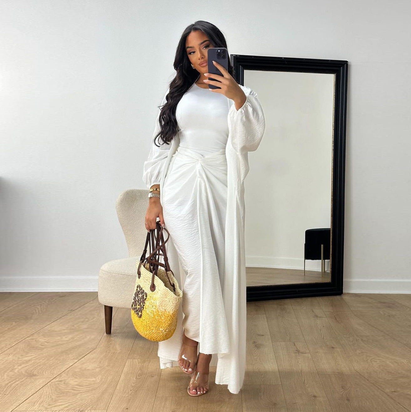 Pants Set - Nipped Waist Skirt Robe Two-piece Set