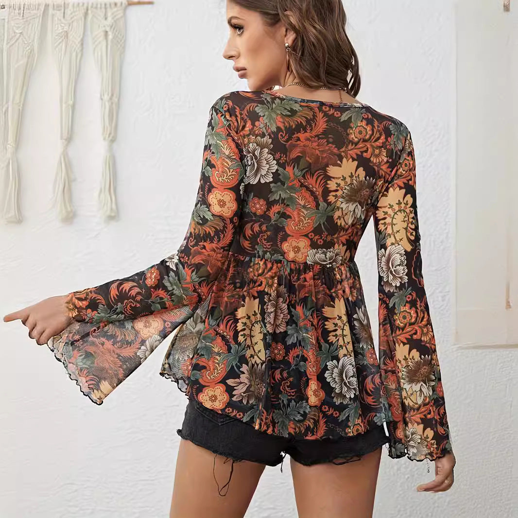 Blouses - New Mesh Printed Front Knotted Flare Sleeve T-shirt Long-sleeved Top For Women