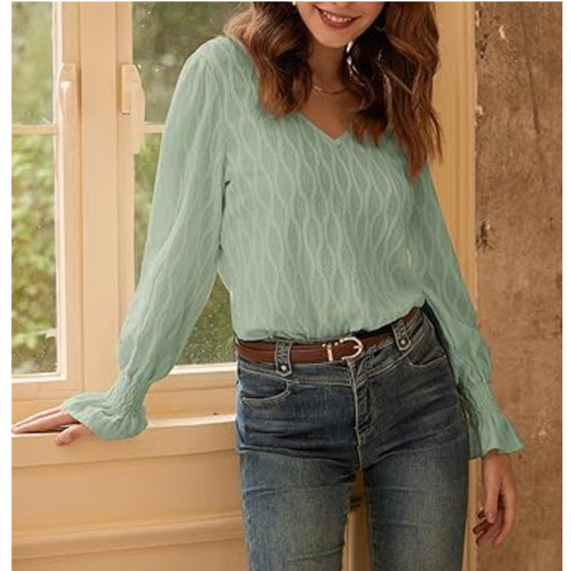 Blouses - Fashion V-neck Long Sleeve Smocking T-shirt Top Women's Clothing
