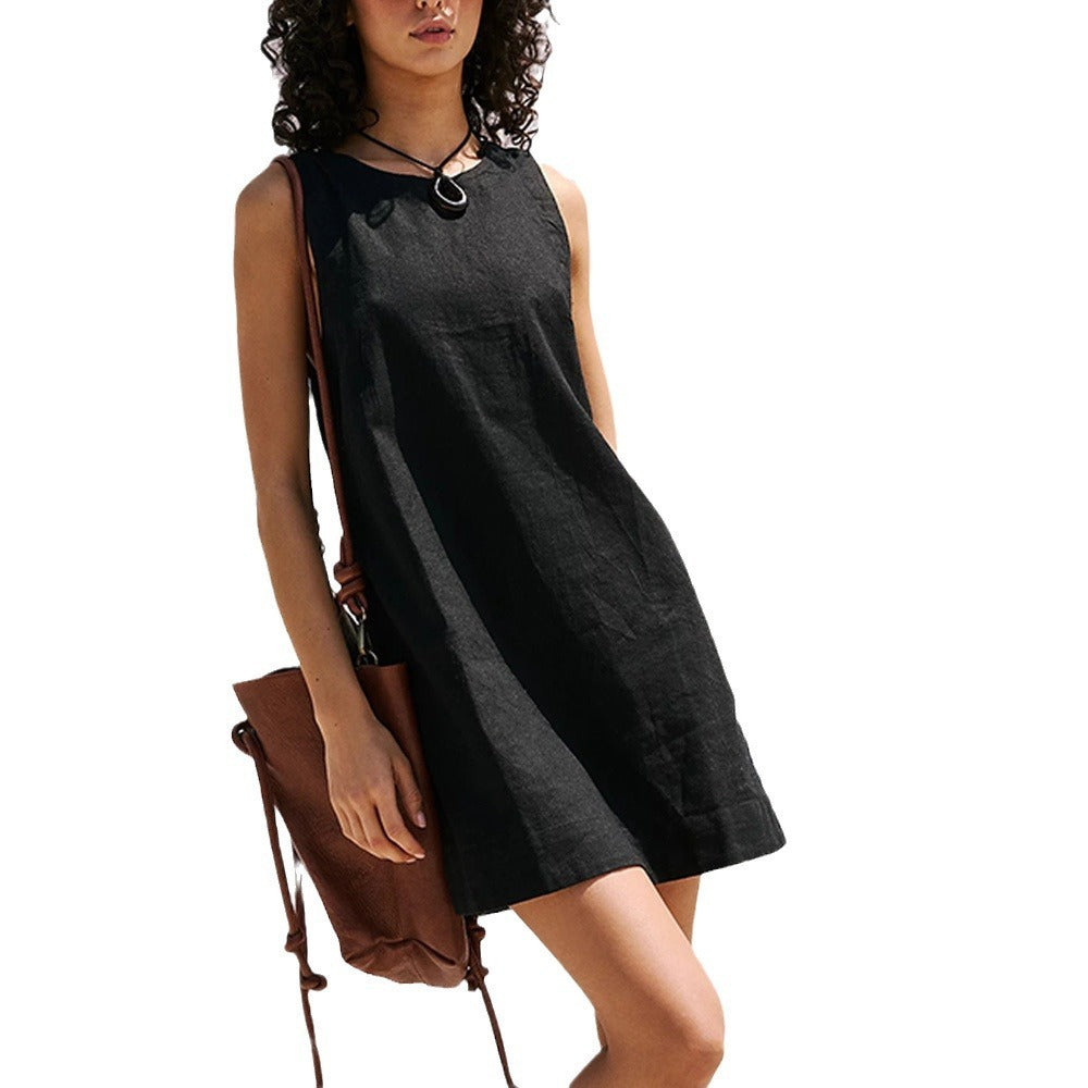 Casual Dresses - Women's Cotton Linen Vest Backless Solid Color Mini Dress