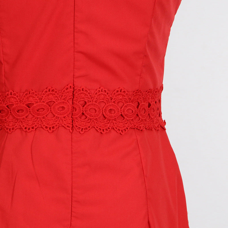 Round Neck Sleeveless Waist Lace Stitching Solid Color Dress