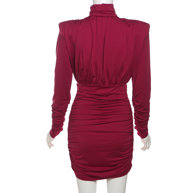Bodycon Dresses - Temperament High Collar Pleated Waist Tight Sheath Dress