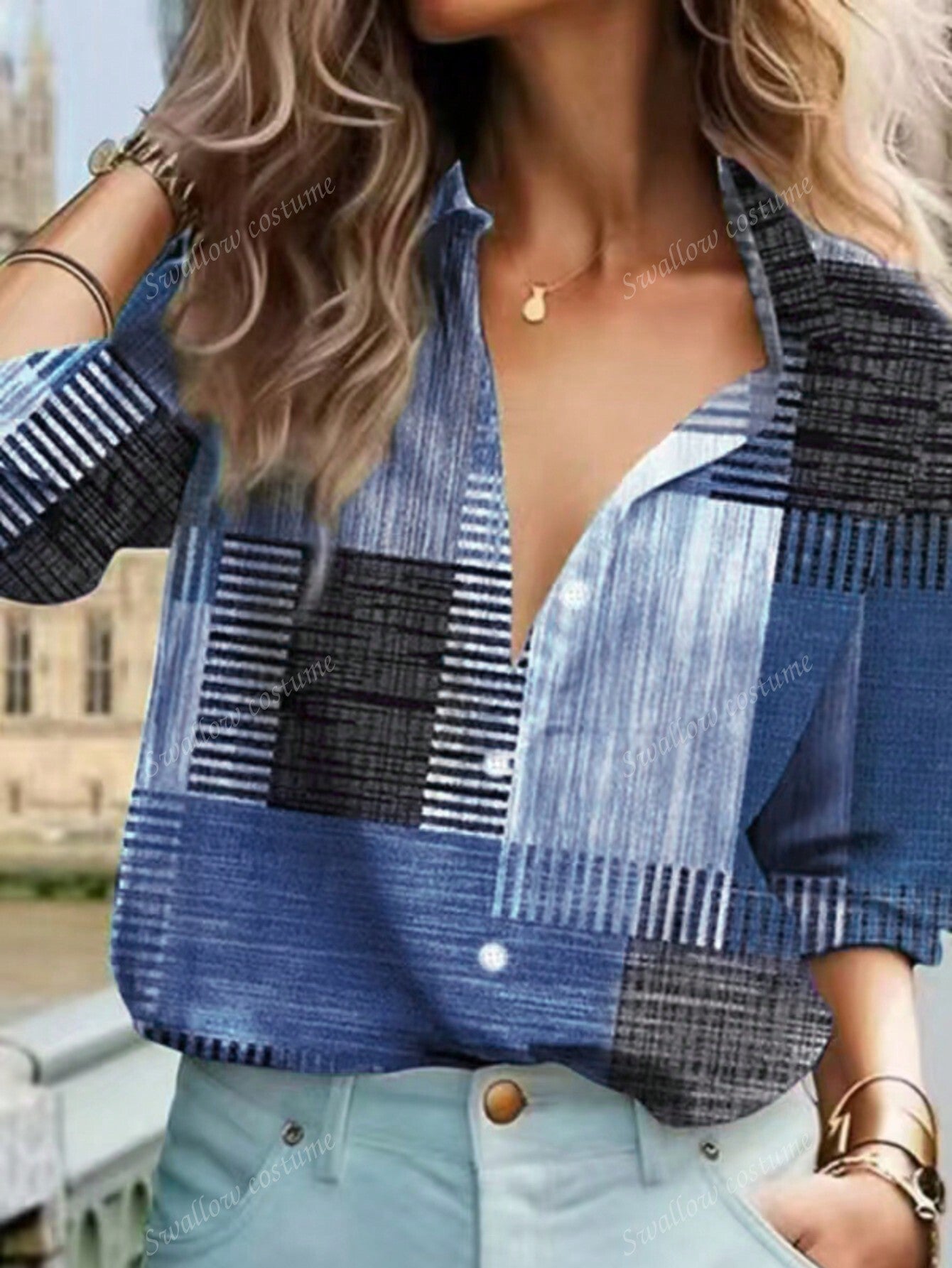 Shirts - Color Block Button Print Long Sleeve Casual Retro Shirt