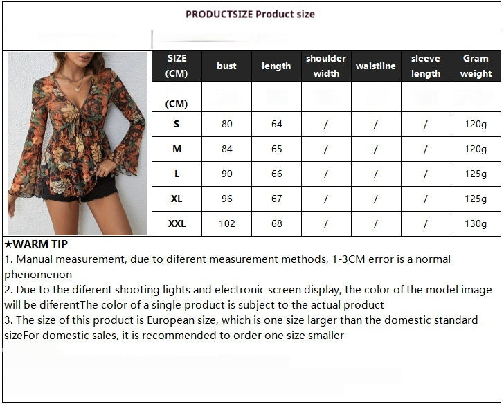 Blouses - New Mesh Printed Front Knotted Flare Sleeve T-shirt Long-sleeved Top For Women