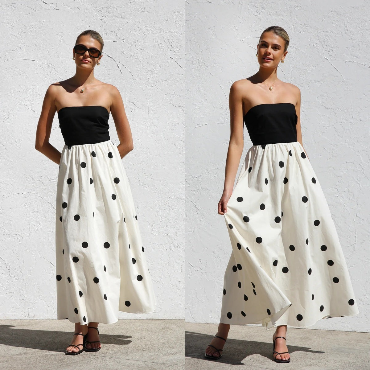 Strapless Dresses - Polka Dot Print Stitching Chest Wrap A- Line Dress