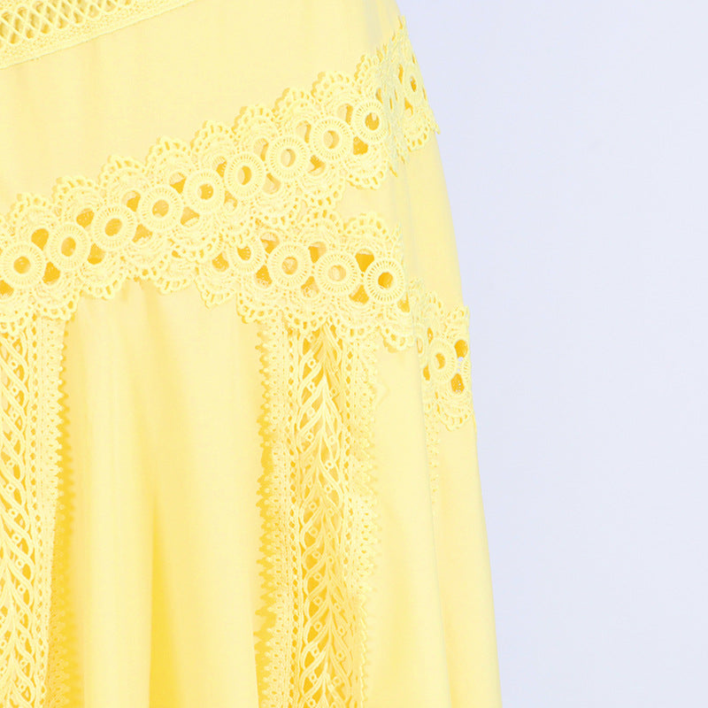 Round Neck Sleeveless Waist Lace Stitching Solid Color Dress