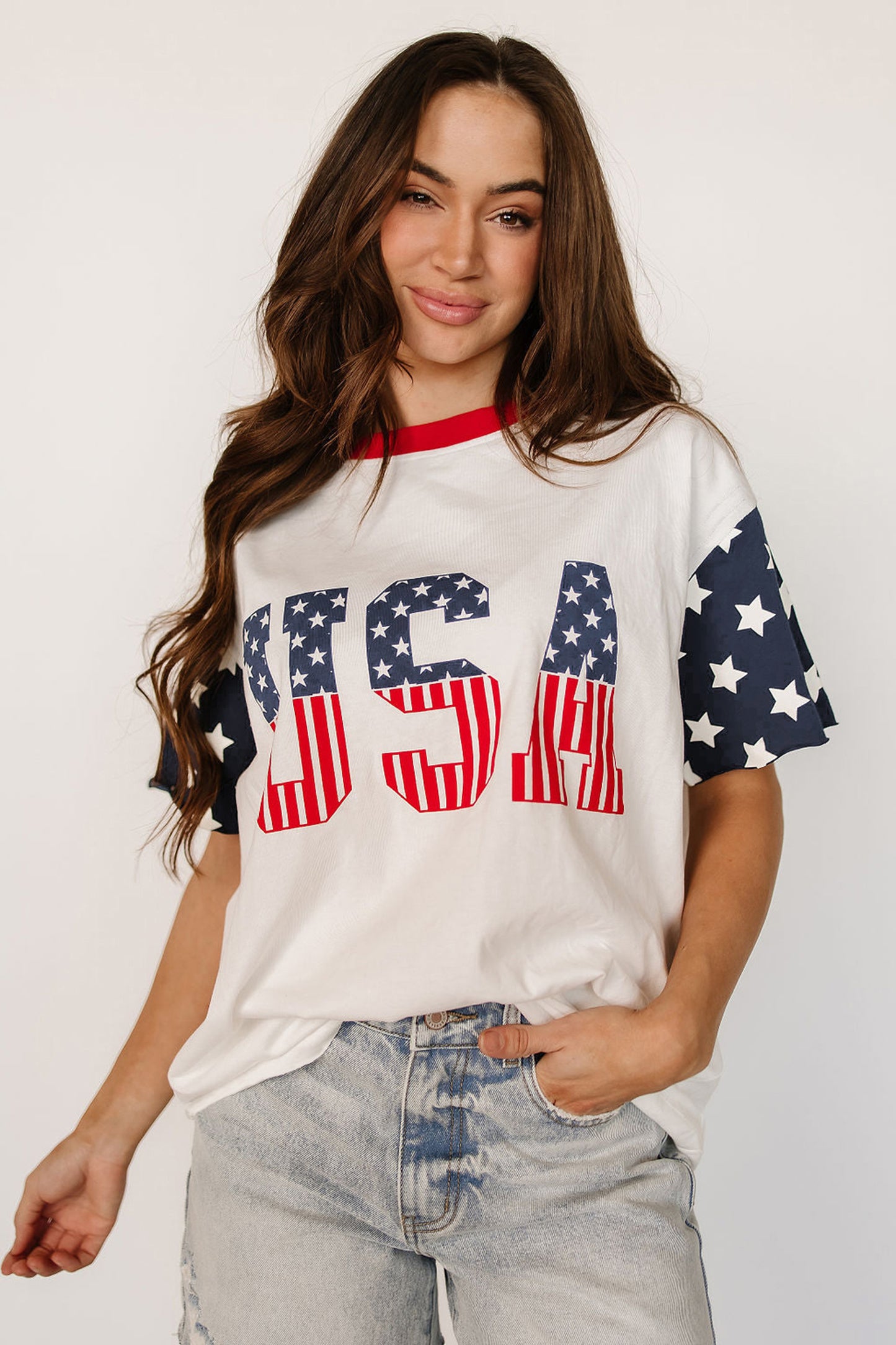 Tops & Tees - Jet Stream Flag Print USA Graphic Patchwork Casual Tee