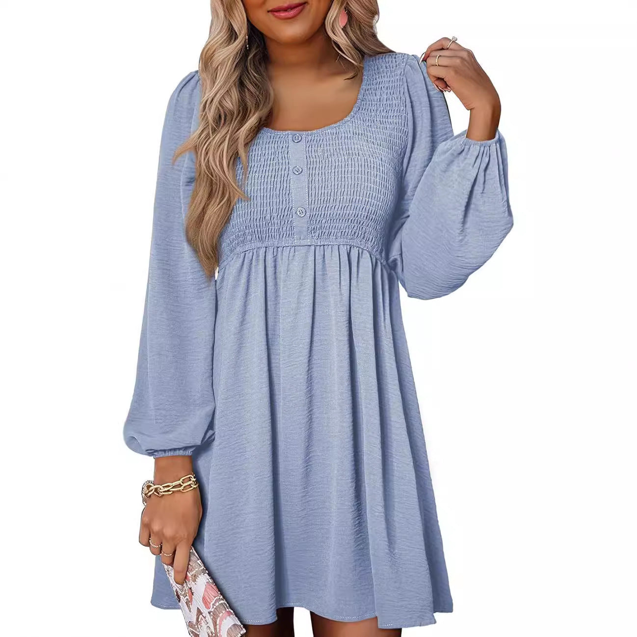 Casual Dresses - Long Sleeve High Waist A- Line Mini Dress