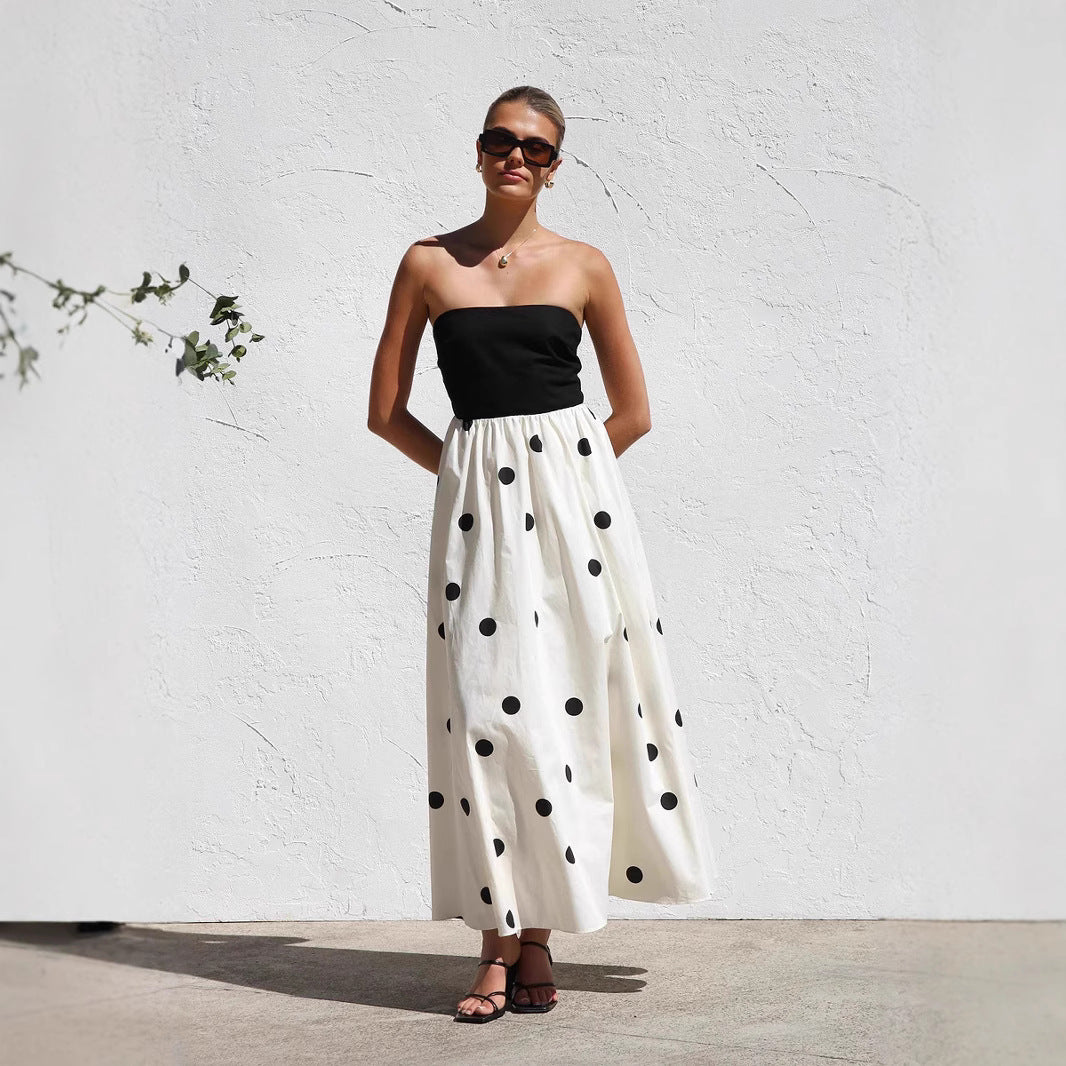 Strapless Dresses - Polka Dot Print Stitching Chest Wrap A- Line Dress