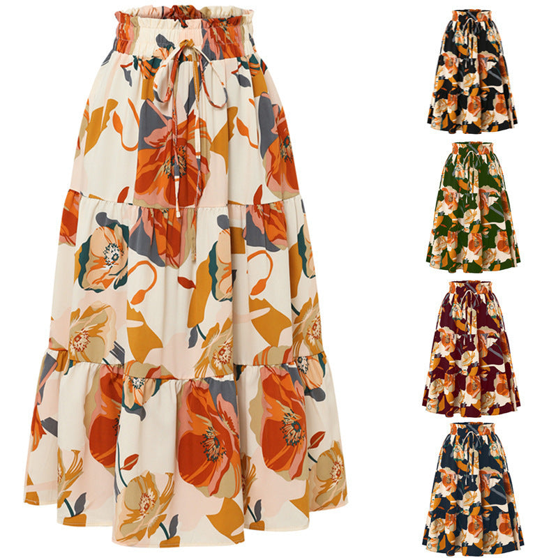 Skirts - Women's Pleated Floral Print Elastic Waist Skirt