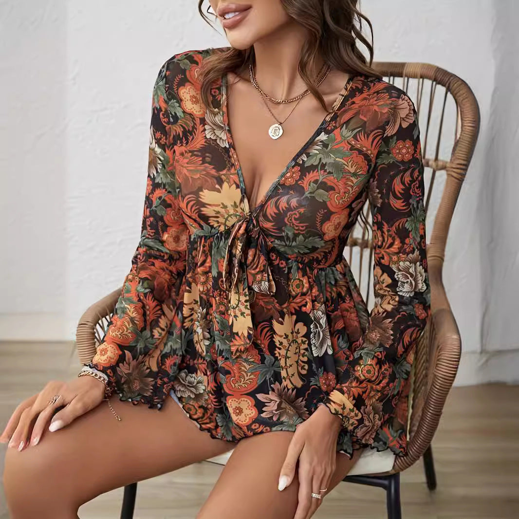 Blouses - New Mesh Printed Front Knotted Flare Sleeve T-shirt Long-sleeved Top For Women