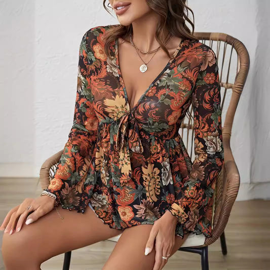 Blouses - New Mesh Printed Front Knotted Flare Sleeve T-shirt Long-sleeved Top For Women