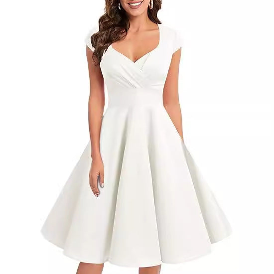 Fit and Flare Dresses - Retro Women's V-neck Half Sleeve Waist Dress