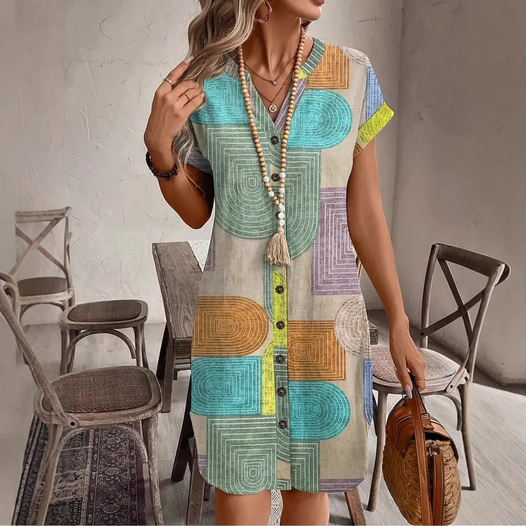 A-Line Dresses - Printed Woven Elegant V-neck Button Dress