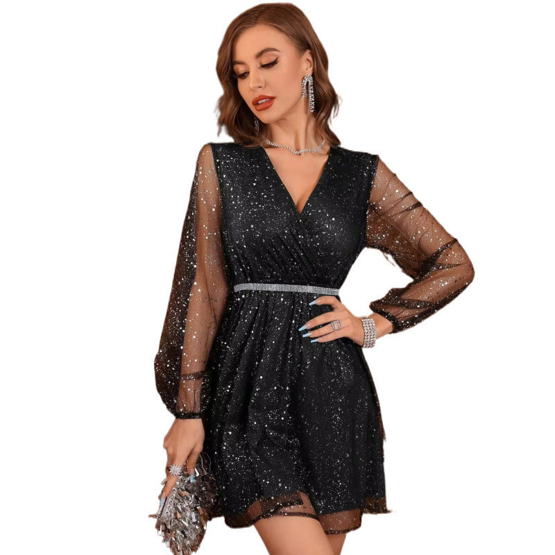 Tulle Dresses - Sequined Long Sleeve Mesh V-neck Dress