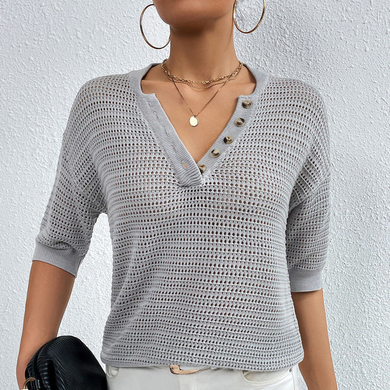 Knit Tops - V-neck Hollow Knitwear Women's Clothing