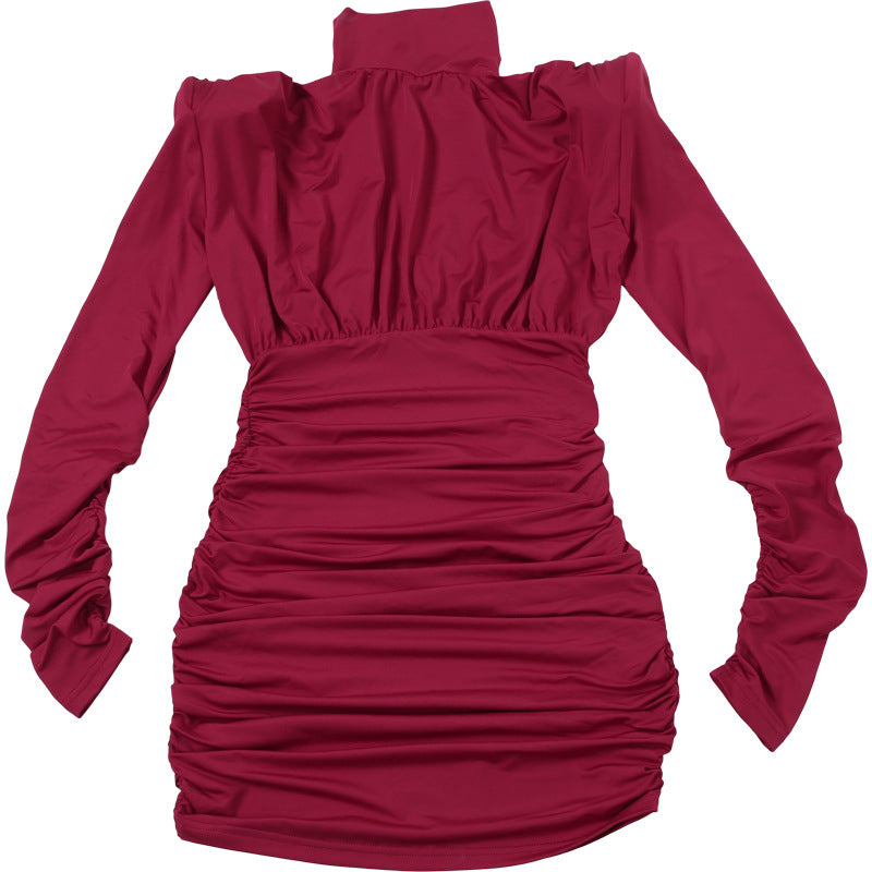 Bodycon Dresses - Temperament High Collar Pleated Waist Tight Sheath Dress