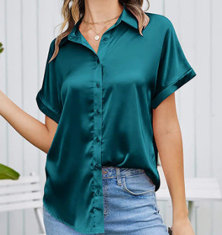 Blouses - Multicolor Silk Short Sleeve Satin Button Shirt Casual Loose Top