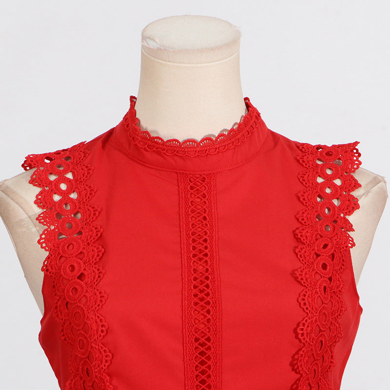 Round Neck Sleeveless Waist Lace Stitching Solid Color Dress