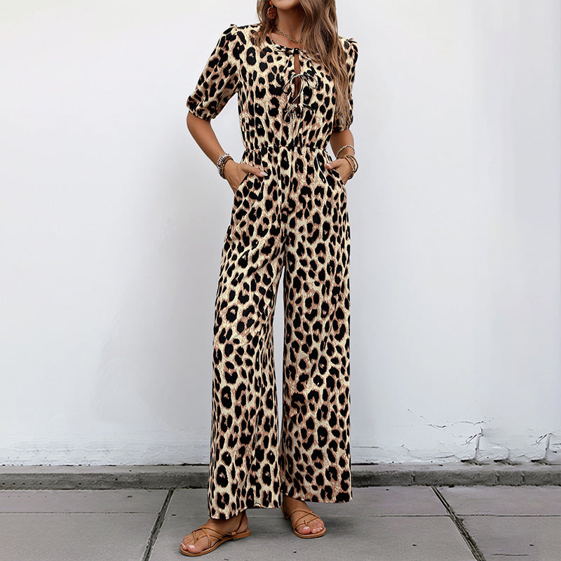 Jumpsuits - European And American Jumpsuit Tied High Waist Leopard Print One-piece Trousers