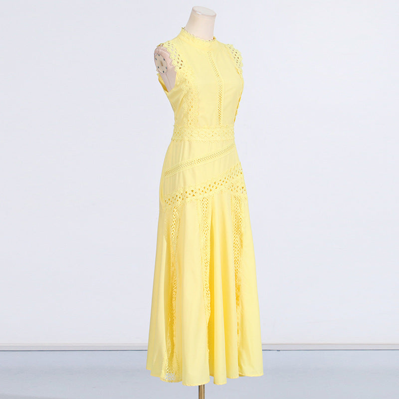 Round Neck Sleeveless Waist Lace Stitching Solid Color Dress