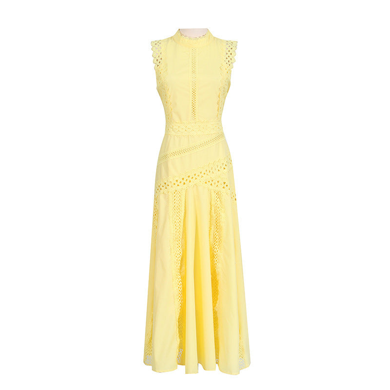 A-Line Dresses - Round Neck Sleeveless Waist Lace Stitching Solid Color Dress