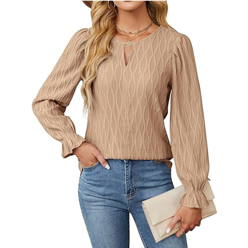 Blouses - Jacquard Round Neck Long Sleeve Top Women's Clothing