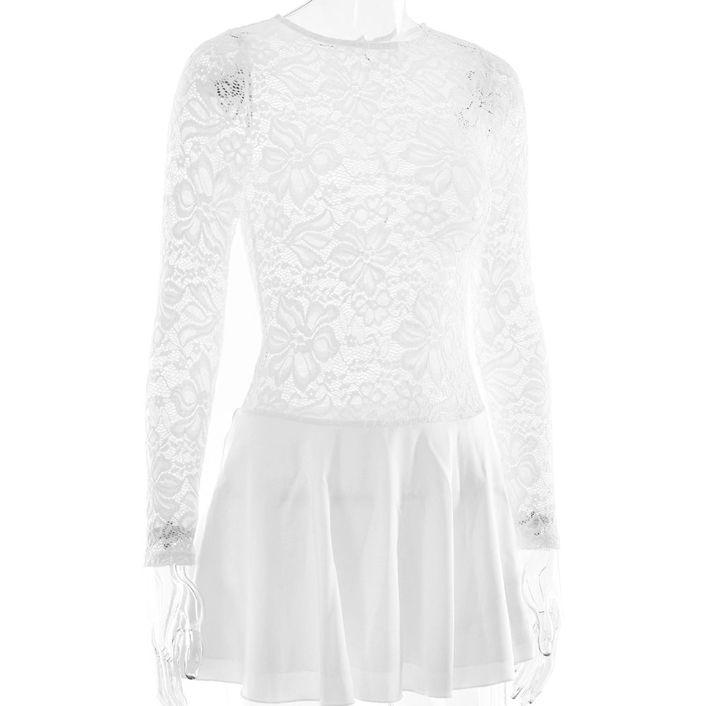 Clubbing Dresses - Lace Round Neck Hollow Out Slim-fitting Patchwork Dress