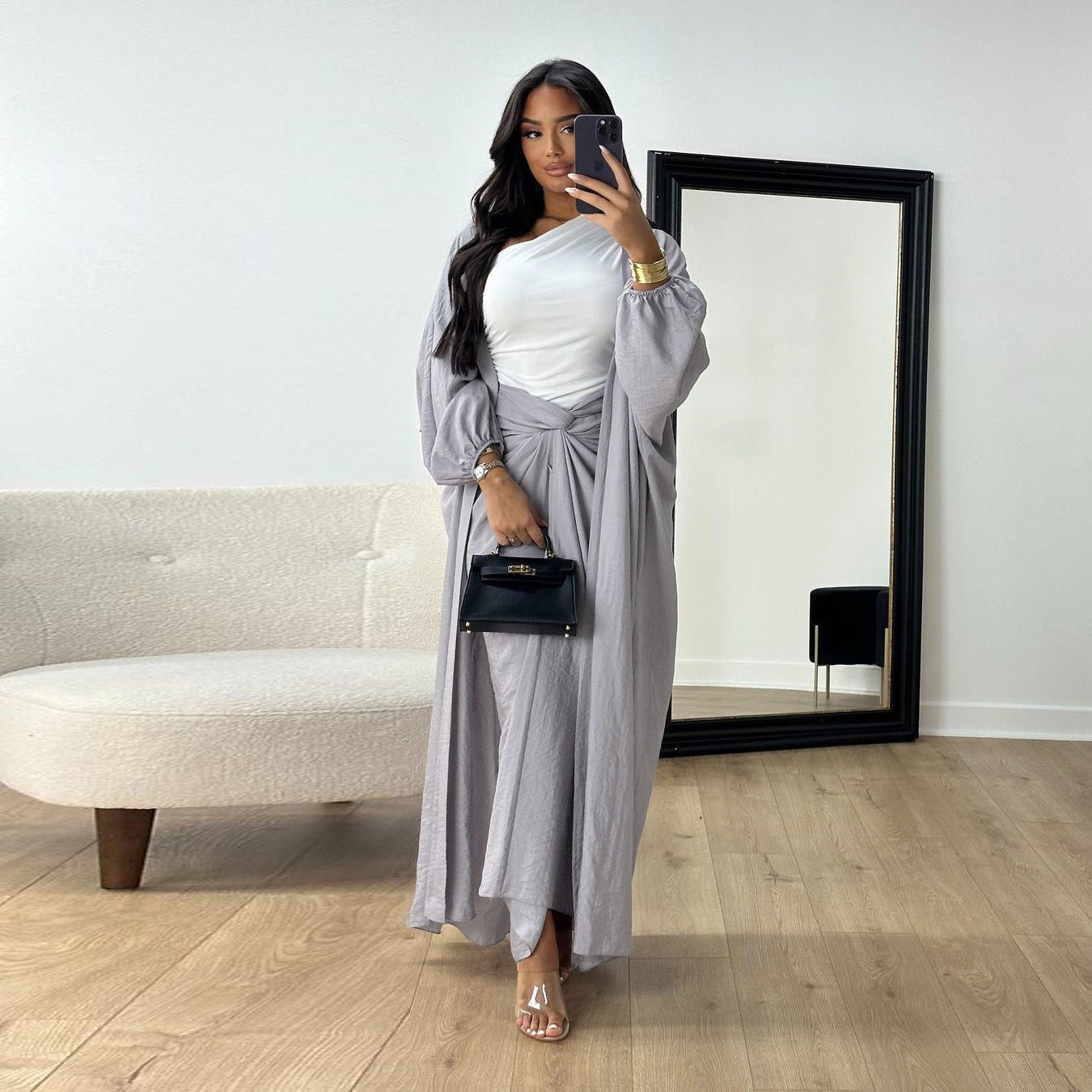 Pants Set - Nipped Waist Skirt Robe Two-piece Set