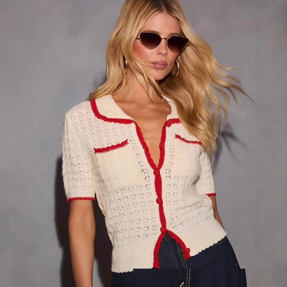 Shirts - European And American Women's New Fashion Casual Contrast Color Pocket Outer Slim Fit Inner Wear Sweater