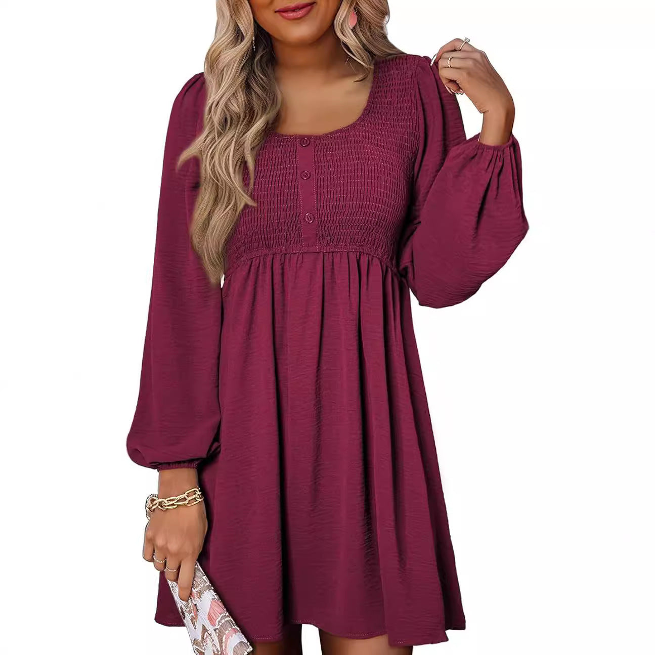 Casual Dresses - Long Sleeve High Waist A- Line Mini Dress