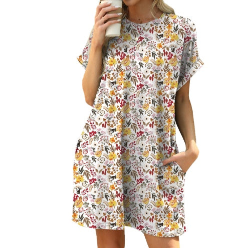 Casual Dresses - Loose Crew Neck Short Sleeve Printed Pocket Dress