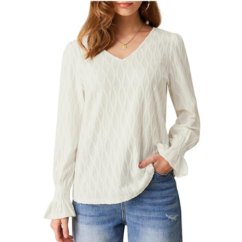 Blouses - Fashion V-neck Long Sleeve Smocking T-shirt Top Women's Clothing