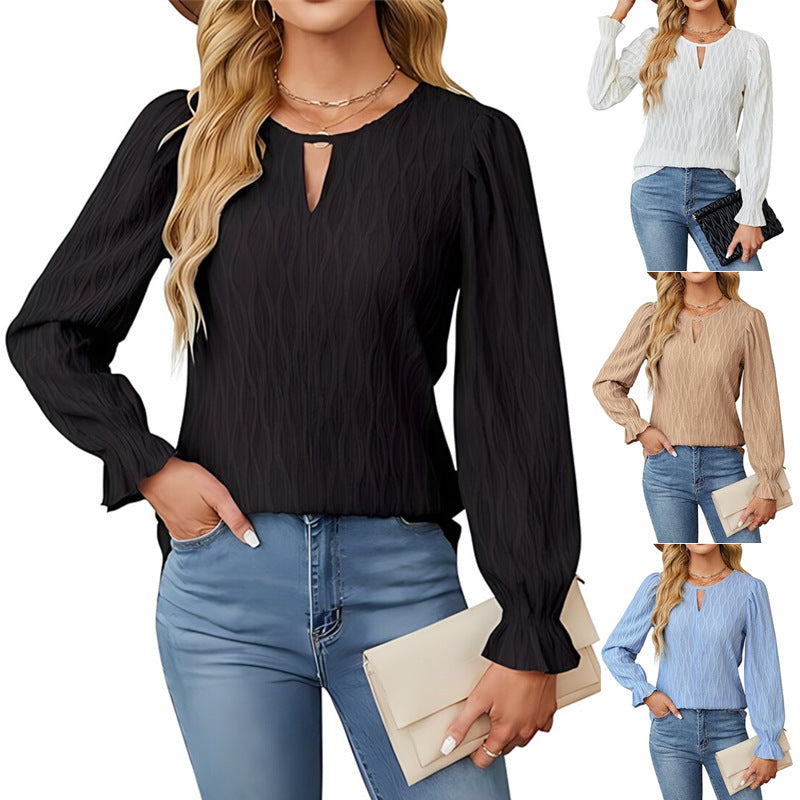 Blouses - Jacquard Round Neck Long Sleeve Top Women's Clothing