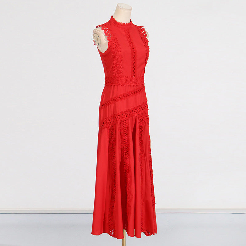 Round Neck Sleeveless Waist Lace Stitching Solid Color Dress