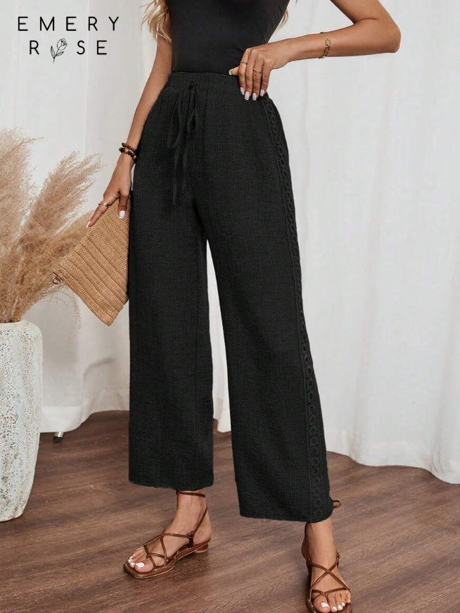Pants - Women's Casual Side Lace Solid Denim Effect Long Pants