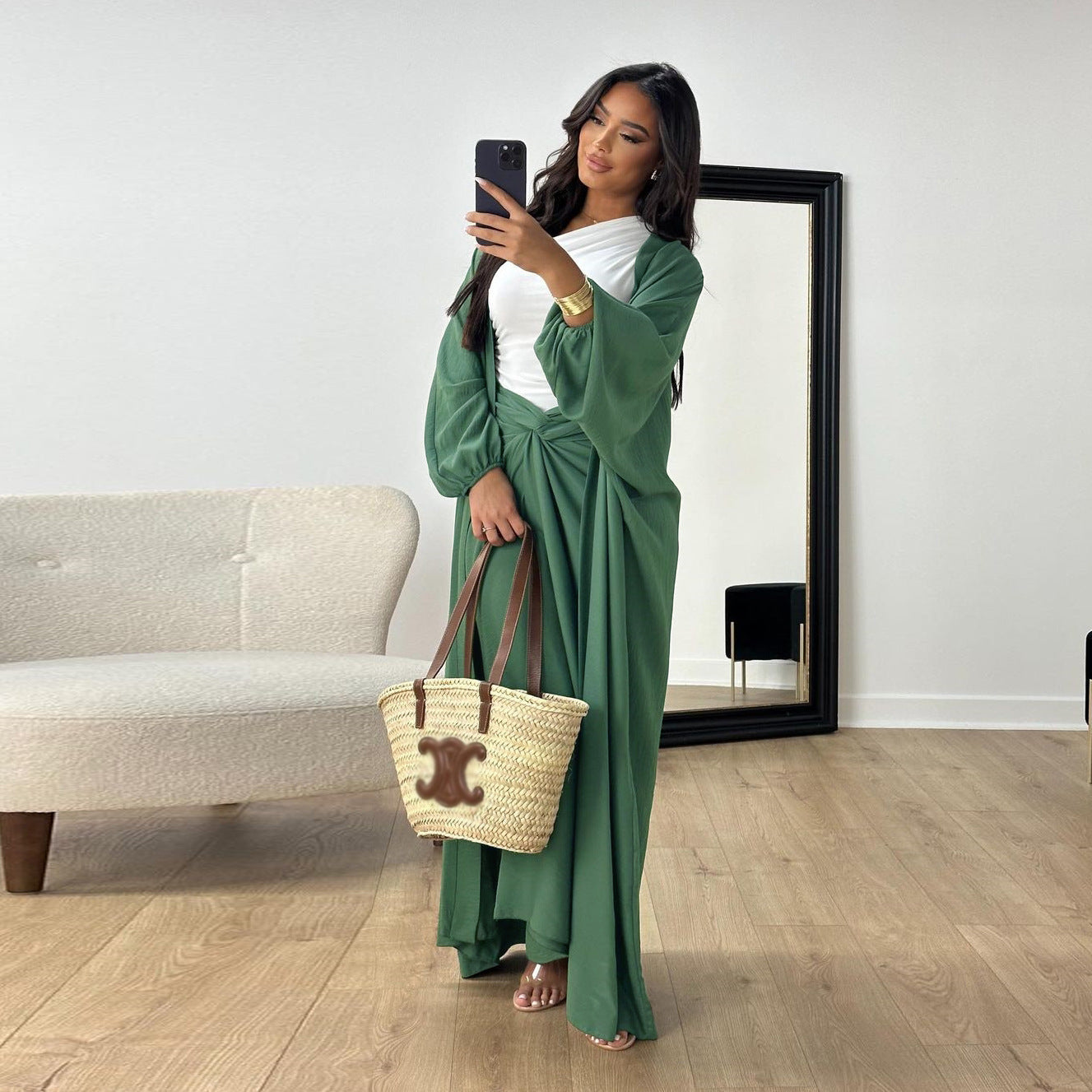 Pants Set - Nipped Waist Skirt Robe Two-piece Set