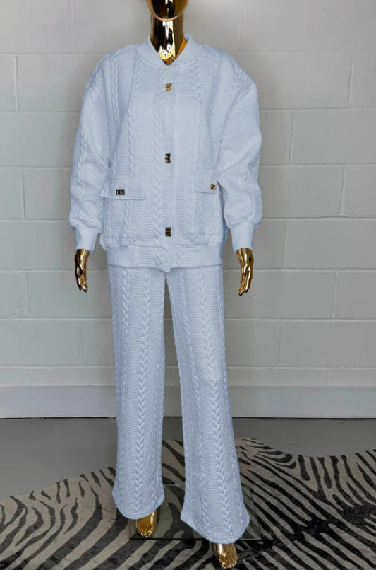 Pants Set - Women's Plain Buckle Pocket Suit 2-piece Set