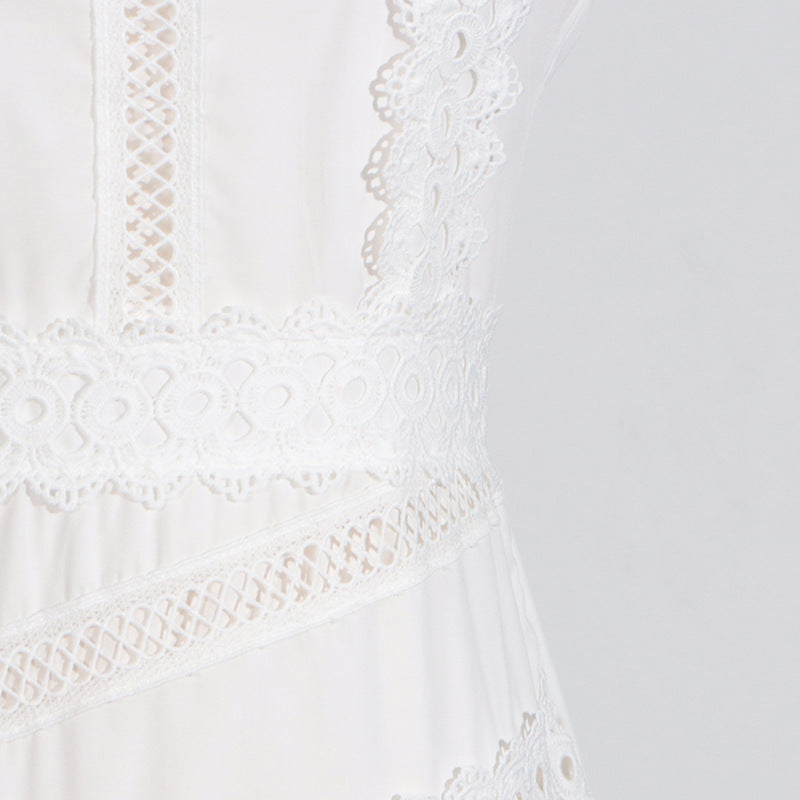 Round Neck Sleeveless Waist Lace Stitching Solid Color Dress
